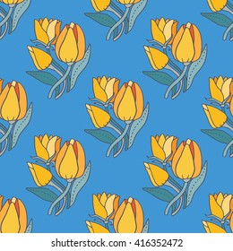 Beautiful tulip flower bouquet seamless pattern, lovely vector illustration. Good for textile fabric design, wrapping paper and website wallpapers. 