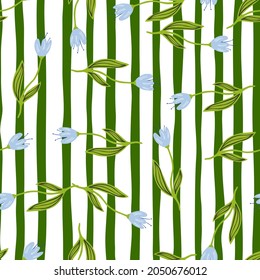 Hermoso patrón de flor tulipana sin fisuras sobre fondo de rayas. Diseño botánico de flor silvestre. Papel pintado de adorno floral decorativo. Para el diseño de tela, impresión textil, envoltura. Ilustración vectorial retro