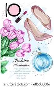 Beautiful tulip flowers with cute parfum, stylish shoes and cosmetics. Hand drawn fashion set. Sketch. Vector illustration.