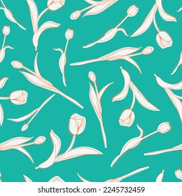Beautiful tulip flowers and leaves pattern design. Good for prints, wrapping, textile, and fabric. Hand-drawn background. Botanic Tile. Surface pattern design.