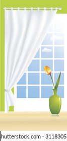 A beautiful tulip in a green vase is standing on a floor in front of a window. A view from a window decorated with curtains reveals brilliant blue sky with white clouds