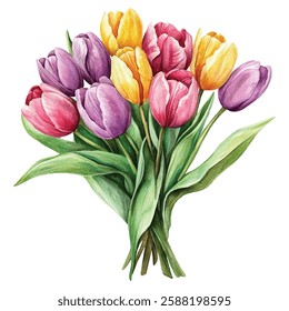 Beautiful  tulip illustrations in various shades of pink, purple, and red. Perfect for spring-themed designs, invitations, and home decor. Each flower is uniquely detailed, showcasing nature
