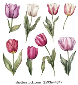 Beautiful  tulip illustrations in various shades of pink, purple, and red. Perfect for spring-themed designs, invitations, and home decor. Each flower is uniquely detailed, showcasing nature's.