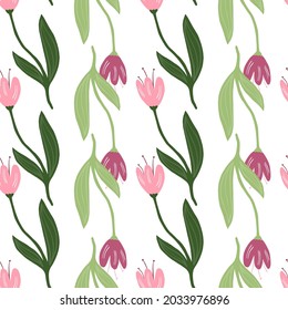 Beautiful tulip seamless pattern isolated on white background. Nature wallpaper. For fabric design, textile print, wrapping, cover. Simple vector illustration.