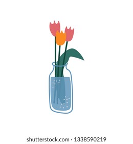 Beautiful Tulips Flowers in Glass Bottle, Spring Bouquet of Fresh Flowers Vector Illustration