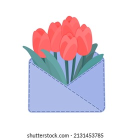 Hermosos tulipanes dentro del sobre festivo. Ramo floral de primavera. Concepto de carta feliz en estilo plano.