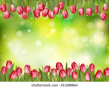 Beautiful tulips on green bokeh background. EPS 10 vector