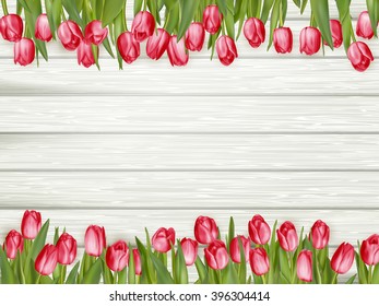 Beautiful tulips on wooden background. Top view, copy space. EPS 10 vector file included