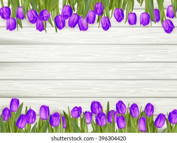 Beautiful tulips on wooden background. Top view, copy space. EPS 10 vector file included