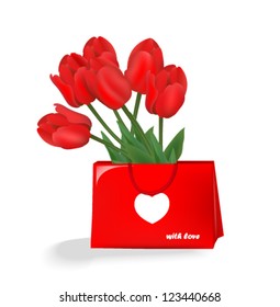 beautiful tulips in a red bag with a heart vector
