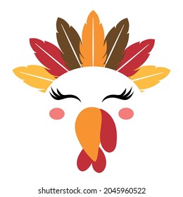 Beautiful turkey face with feather Indian American native tiara - Vector illustration for card and shirt design for autumn holidays. Happy Harvest, Thanksgiving decoration.