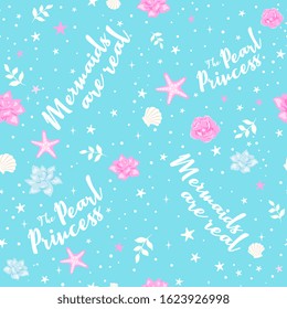 Beautiful turquoise pattern. Mermaid set. For kids t shirts, fashion artwork, children books, prints and fabrics or wallpapers. Girl print. Fashion illustration drawing in modern style