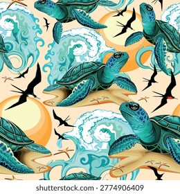 Beautiful Turquoise Sea Turtle resting on the Sand, with big ocean wave on background, some star fish on the beach and frigate birds flying high in the sky, on a bright sunset. Original Vector Art 