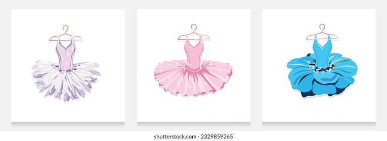 Beautiful tutu in pastel colors on a hanger. Set of vector illustration isolated on white background to decorate a flyer, poster, invitation or social networks.