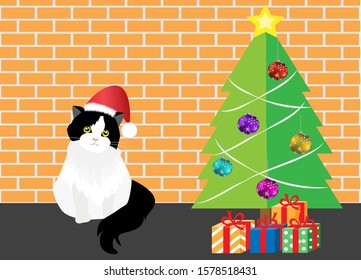 Beautiful tuxedo persian cat wearing Santa Claus's red hat in house with red brick wall, gifts and Christmas tree background. Vector Illustration. Idea for Christmas and holiday season greetings.