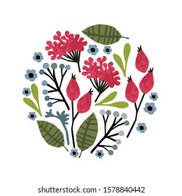 Beautiful twigs, berries and leaves in a round shape. For postcards, prints in the Scandinavian style.
