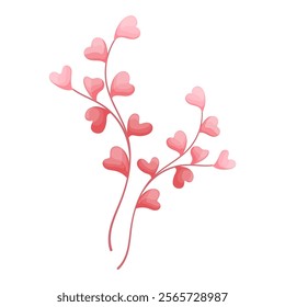 Beautiful twigs with pink heart shaped leaves isolated on white background. Vector botanical element for Valentine s Day. Perfect for romantic cards, logo, decorations, spring and summer designs.