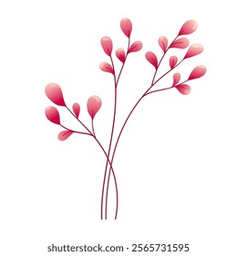 Beautiful twigs with pink leaves isolated on white background. Vector botanical element for Valentine s Day. Perfect for romantic cards, logo, decorations, spring and summer designs.