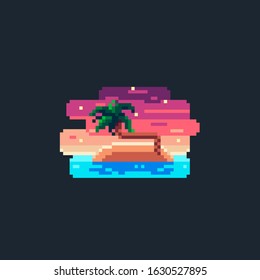 
Beautiful twilight island. Summer paradise in the ocean. Vector image in pixel art style.