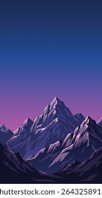 Beautiful twilight mountain landscape illustration with sharp rocky peaks, dark valley, and clear starry night sky. Perfect for nature, adventure, travel, outdoor, and scenery-themed graphic projects.