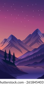 Beautiful twilight mountain landscape with river, pine trees, and starry night sky. Peaceful scenery in purple hues, perfect for backgrounds, wallpapers, travel themes, and nature illustrations.