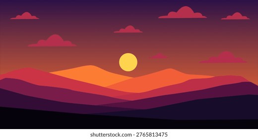 Beautiful twilight mountain range with sun and clouds.