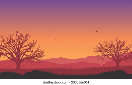 Beautiful twilight skies with incredible mountain views from the edge of town. Vector illustration of a city