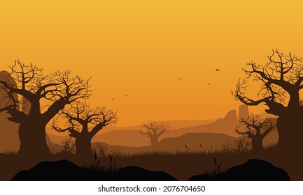 Beautiful twilight sky with fantastic mountains views from the edge of the city. Vector illustration of a city