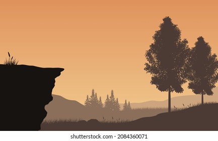 Beautiful twilight sky with fantastic mountains views from the edge of the city. Vector illustration of a city