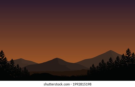Beautiful twilight sky with a fantastic view of the mountains from the outskirts of the city with the silhouette of the surrounding pine trees. Vector illustration of a city