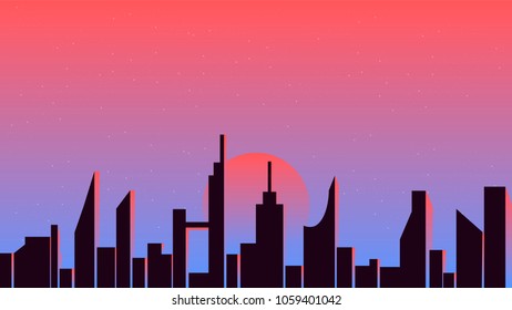 beautiful twilight sky over the modern city, buildings silhouette and setting sun vector illustration