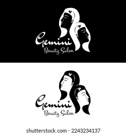 Beautiful twin girl for Gemini horoscope tattoo or classic women beauty salon logo design