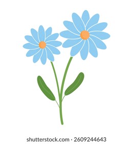 Beautiful Two Blue Daisies on the white background. Simple Floral Design Green Stem White Minimalist Botanical Flat Design Vector Illustration