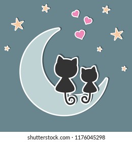 A beautiful two cute cats in love sitting on the moon at night, look at the hearts and stars. Sweet kids graphics for t-shirts. Greeting card.