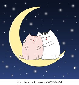 A beautiful two cute cats sit on a moon. Picture for t-shirt graphics for kids and other uses. Greeting card.