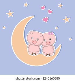 A beautiful two cute pigs in love sitting on the moon at night, look at the hearts and stars. Sweet kids graphics for t-shirts. Greeting card.