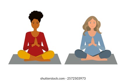 Beautiful two girls with dark and light skin doing yoga and meditating on the mat, illustration, international yoga day, banner, background. Vector