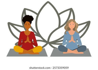 Beautiful two girls with dark and light skin doing yoga and meditating on the mat, illustration, international yoga day, banner, background. Vector