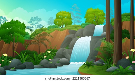 Beautiful two step of rocky waterfall nature landscape vector illustration