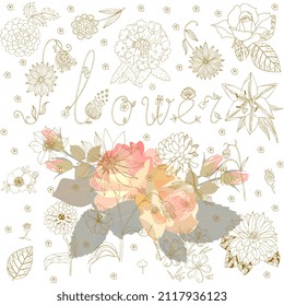 Beautiful two-layer floral seamless pattern with a bouquet of pink roses with green leaves on the bottom layer and a variety of flowers drawn in golden outline and the word "Flower" on the top layer.