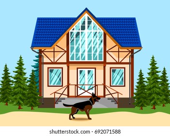 Beautiful two-storey house with a tiled roof, and a sheepdog at the porch 