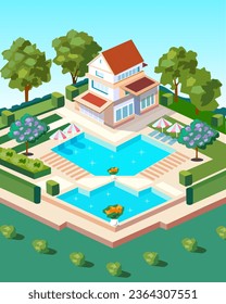 Beautiful two-storey villa with a swimming pool and a garden plot Vector