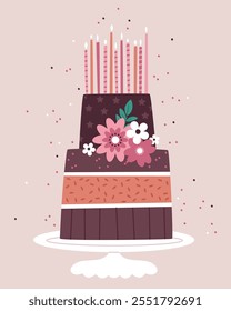 Beautiful two-story chocolate cake with candles and flowers in vintage colors. Birthday. Confetti.