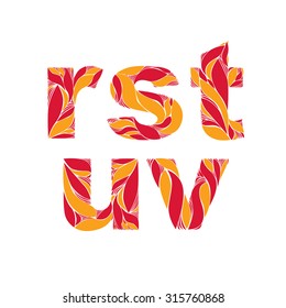 Beautiful typescript with natural autumn pattern created from fiery orange leaves. Flowery alphabet, calligraphic ornamental small letters.