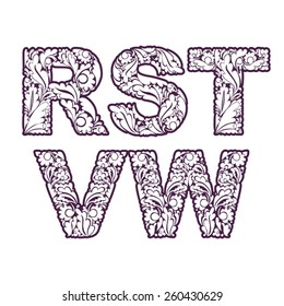 Beautiful typescript with natural pattern created from leaves. Flowery alphabet, calligraphic ornamental letters.