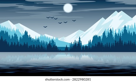 Beautiful typical northern mountain landscape. Hills with coniferous trees and mountains reflected in a lake against a sky with the sun, clouds, and flying birds. Original artwork. Vector.