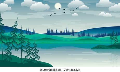 Beautiful typical northern natural landscape. Grassy, ​​with coniferous trees, islands and hills near the lake against the background of forest, mountains, sky with sun, clouds, flying birds. Vector.