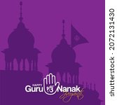 Beautiful Typography of Happy Guru Nanak Jayanti Festival. Birthday Wishing Template Design of Guru Nanak. Silhouette of Golden Temple, Amristar. Illustration.