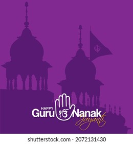 Bella tipografía del Festival Happy Guru Nanak Jayanti. Diseño de plantilla de planeamiento de cumpleaños de Guru Nanak. Silhouette del Templo Dorado, Amristar. Ilustración.