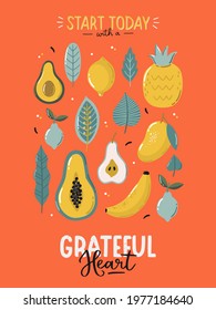 Beautiful typography print with exotic fruits and leaves on bright background. Hand drawn vector illustrations and lettering. Perfect for summer decorations, poster, banner, cards, stickers design.